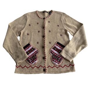 Tan Winter Mittens Snowflake Xmas Sweater Cardigan Ugly Christmas Beads Sz S